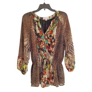 Calvin Klein Blouse Women M‎ Multicolor Abstract Chiffon Tunic Button 3/4 Sleeve